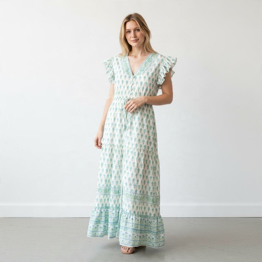 ISLAPAYAL Maxi Dress XL 100% Cotton Floral Block Print Flutter Sleeve India